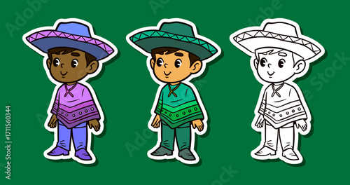 Cute boy in sombrero and poncho standing sticker illustration