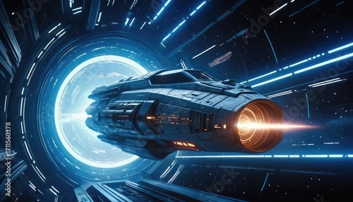 A futuristic spaceship travels through a glowing blue portal or wormhole in space, with engine flares visible.