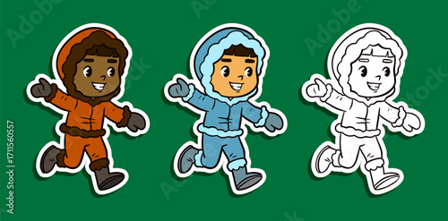Cute boy in winter parka running sticker illustration