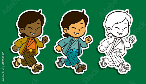 Cute boy in ethnic tunic and striped pants running sticker illustration