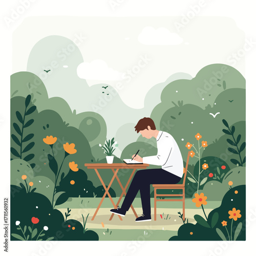Person writing at outdoor table amid green foliage and flowers, under a bright sky