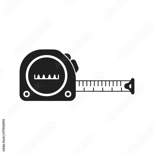A black silhouette of a measuring tape with a retractable tape displaying measurements