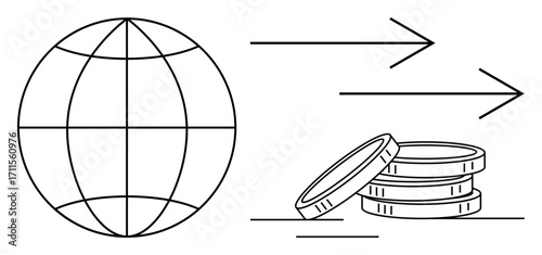 Globe illustration, stacked coins, and forward arrows indicating international money transaction. Ideal for global economy, banking, fintech, e-commerce, investments trade online payments. Simple