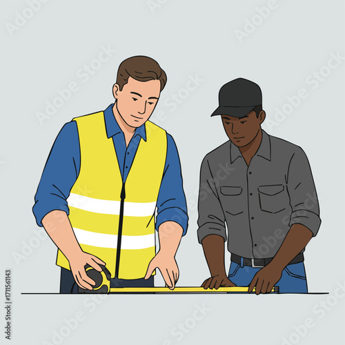 Two diverse male construction workers collaborate diligently, precisely measuring a surface with a tape, demonstrating efficient teamwork on a project.