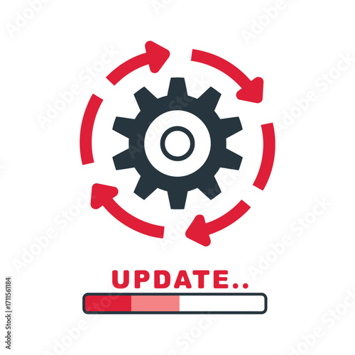 Gear and arrows illustrate system update process with progress bar