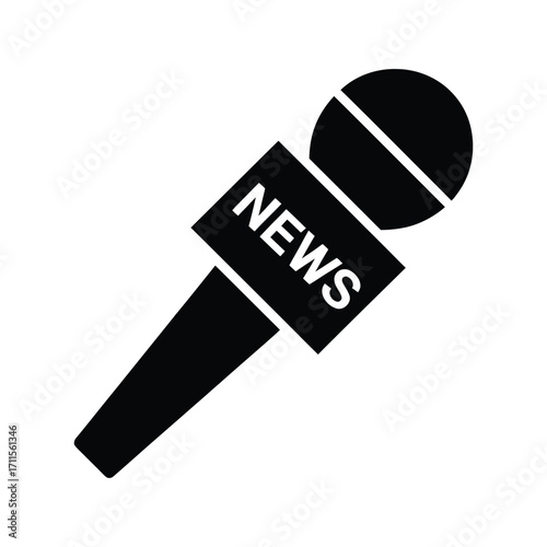 Black and white icon of a microphone with the word news