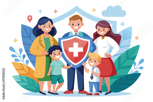 Happy family holding a health shield symbol with plants in the background during a bright day