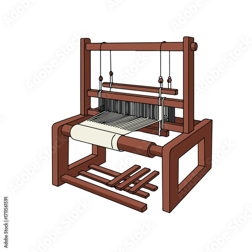 Loom Wooden frame weaving machine with suspended weights and taut fabric on rollers