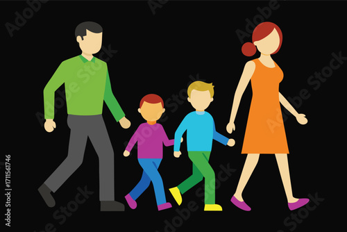 Family walking together in colorful outfits on a casual day outdoors