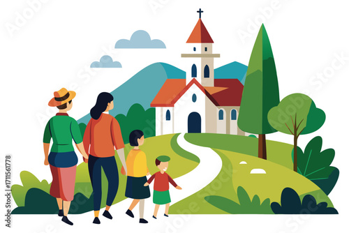 Family walks towards a church in a scenic landscape with mountains and greenery during a sunny day