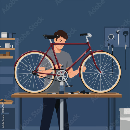 Man in workshop repairs a red bicycle, tools on workbench, blue walls and shelves around