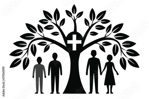 Community support and unity symbolized by a tree and diverse figures representing togetherness