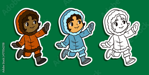 Cute kid in winter parka walking sticker illustration