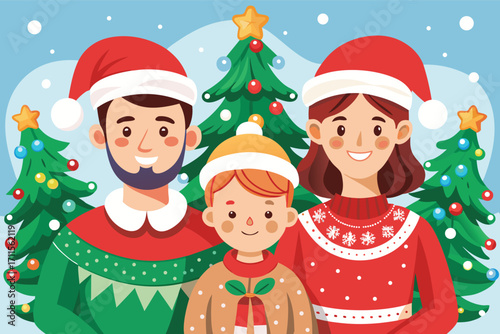 Family celebrating Christmas in festive attire with colorful trees and snowflakes in the background