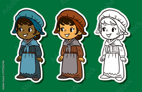Cute girl in vintage prairie dress smiling sticker illustration