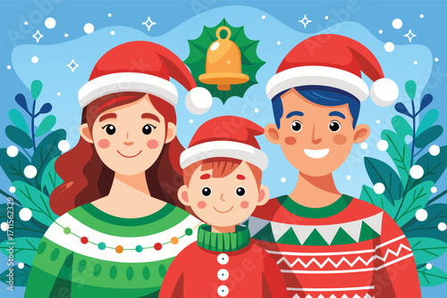 Family celebrating Christmas in festive attire with bright decorations and cheerful expressions