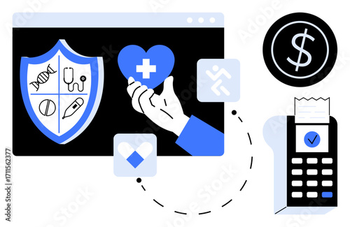 Shield with health icons, hand holding heart, financial transaction, and receipt emphasize medical and financial concepts. Ideal for healthcare access, insurance, digital transactions, medicine