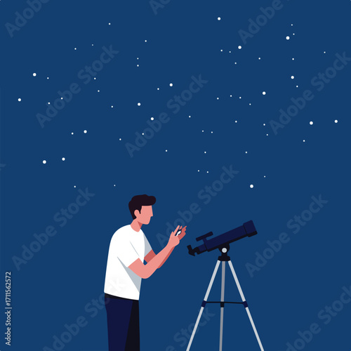 Illustrated person using a telescope looking at stars against a dark blue night sky