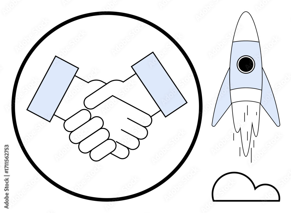Fototapeta premium Handshake icon within a circular frame alongside a launching rocket and cloud. Ideal for business, collaboration, teamwork, success, innovation, growth, startup concepts. Simple flat metaphor
