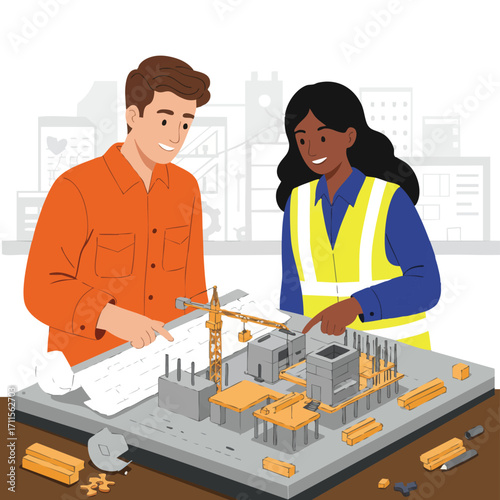 Two diverse architects collaborate on a detailed urban building model, meticulously planning a new construction project with blueprints and tools.