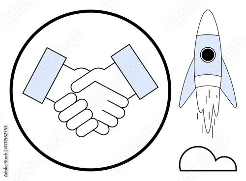 Handshake icon within a circular frame alongside a launching rocket and cloud. Ideal for business, collaboration, teamwork, success, innovation, growth, startup concepts. Simple flat metaphor