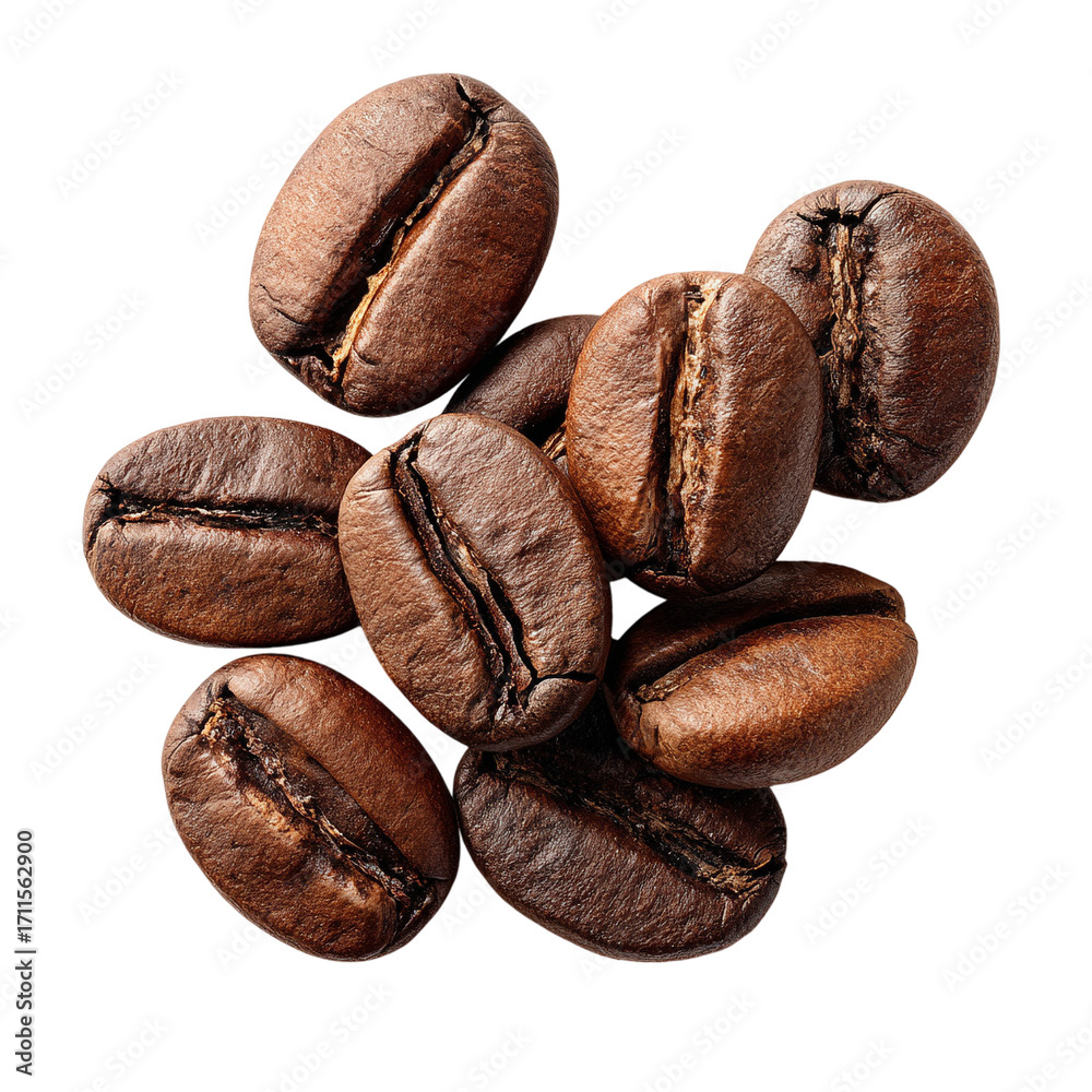 Obraz premium Aromatic roasted coffee beans, showcasing intricate details and textures, isolated on transparent background
