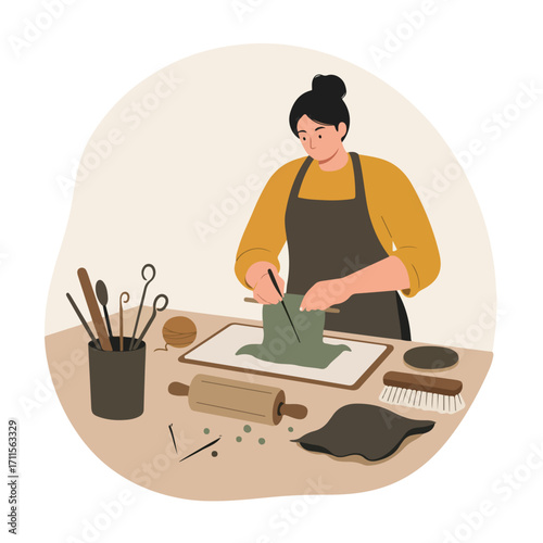 Illustrator of person shaping clay, wearing an apron, and working at a table
