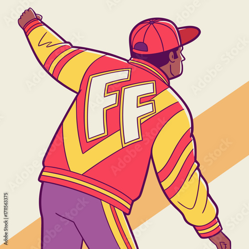 Vector illustration of a man in vibrant streetwear jacket with FF letters and red cap, modern hip hop urban fashion artwork for style, clothing, and creative design projects