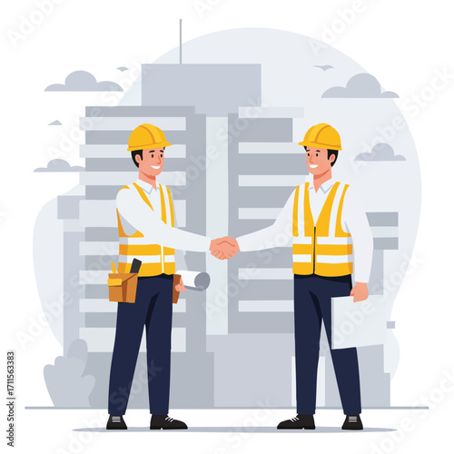 Two smiling construction workers in hard hats and safety vests shake hands in front of a modern building, symbolizing a successful business agreement and partnership.