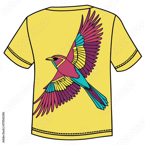 Vector illustration of a yellow t-shirt featuring a vibrant flying bird design with purple, blue, and yellow wings, perfect for fashion, streetwear, and creative apparel artwork.