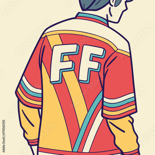 Vector illustration of a stylish person wearing a vibrant streetwear jacket with FF letters, retro hip hop inspired urban fashion design for clothing, posters, and creative artwork