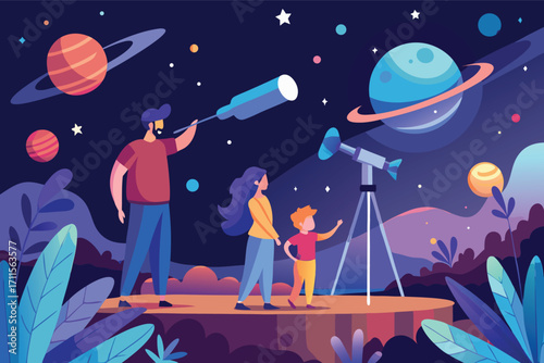 Astronomy night with family observing stars and planets using a telescope in a colorful sky