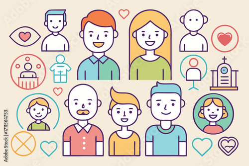 Diverse group of people showcasing emotions and relationships in a colorful, illustrated style