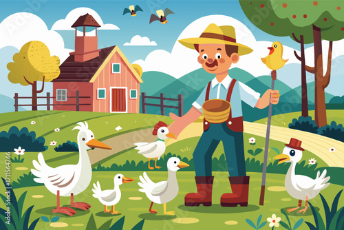 Farmer interacts with ducks and chickens near a colorful barn on a sunny day