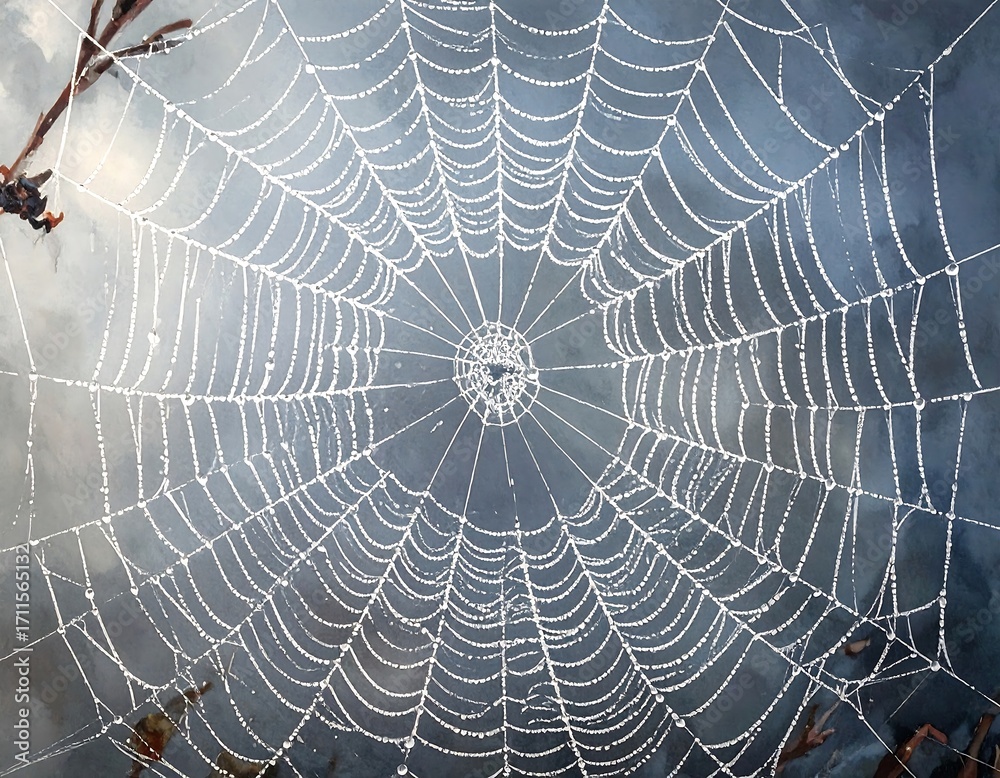 Obraz premium Delicate spiderweb covered in morning dew