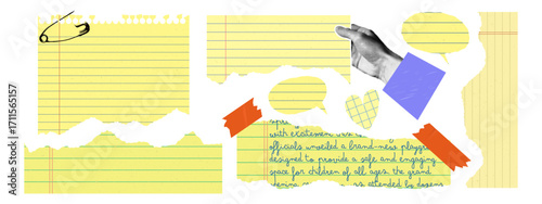 Yellow torn notebook paper collage with lined sheets, safety pin, tape, and halftone hand. School and office stationery elements