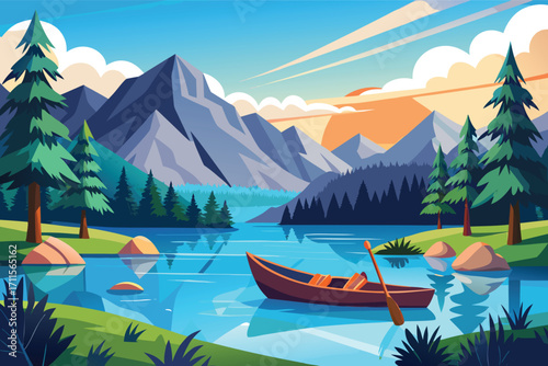 Scenic lake view with a single canoe amidst green trees and mountains at sunset