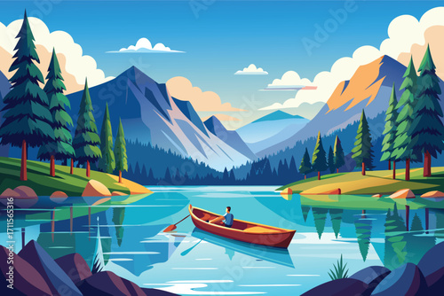 Scenic mountain lake with a person rowing a boat amidst tall trees and blue sky