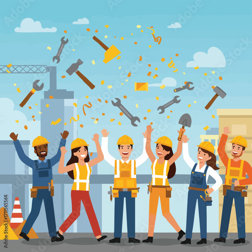 Diverse construction professionals joyfully celebrate project success amidst falling confetti and tools, embodying teamwork and achievement in the urban development sector.