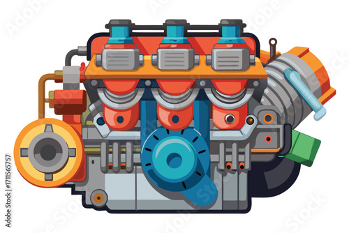 Detailed view of a colorful car engine showcasing various mechanical components and design features