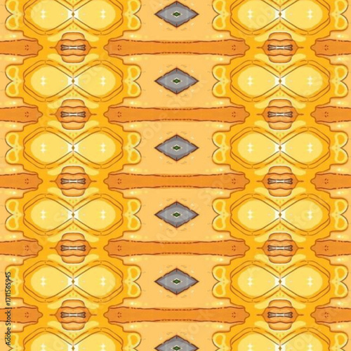Repeating golden yellow geometric pattern with diamond and circular motifs, giving a modern and ornamental textile look. Pattern, Geometric, Yellow, Decorative, Seamless