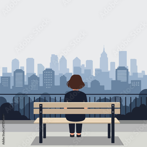 Woman on bench with city view, back, vector illustration, daytime, muted colors, alone