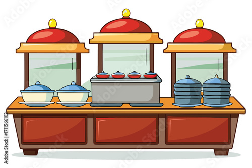 Buffet setup with colorful dishes in a casual dining area during a festive event