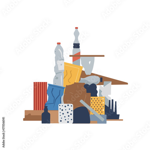 Stylized cartoon of a pile of assorted trash, including plastic bottles and cardboard boxes