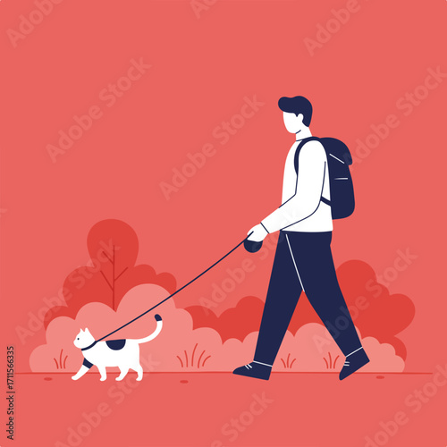 Man walking a cat, simple vector illustration on coral background with bushes and grass