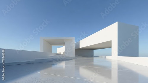 Modern minimalist white architectural structure under clear blue sky