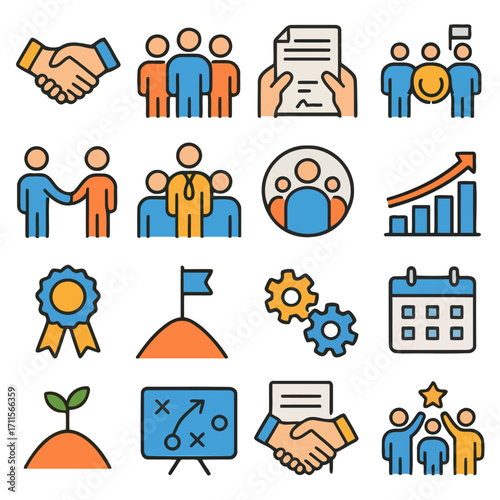 Business Icon Set: A diverse and comprehensive set of graphic icons represents business activities, designed with clarity, and offering versatility for various projects.