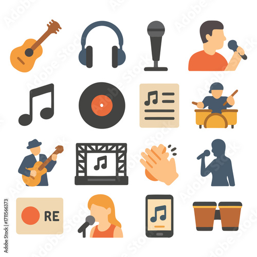 Musical Icons: A collection of vibrant, minimalist icons representing diverse musical elements and instruments, perfect for illustrating musical concepts and projects.
