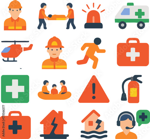 Emergency Icons Set: A curated collection of essential emergency service icons, presented in a vibrant and visually engaging format. Designed to convey critical information.
