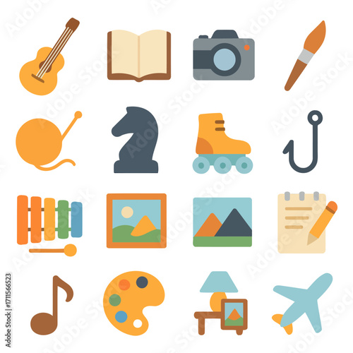 Array of Hobbies and Leisure Icons: A vibrant collection of hand-drawn icons representing various hobbies and leisure activities. Each icon is carefully crafted with a unique design and style.